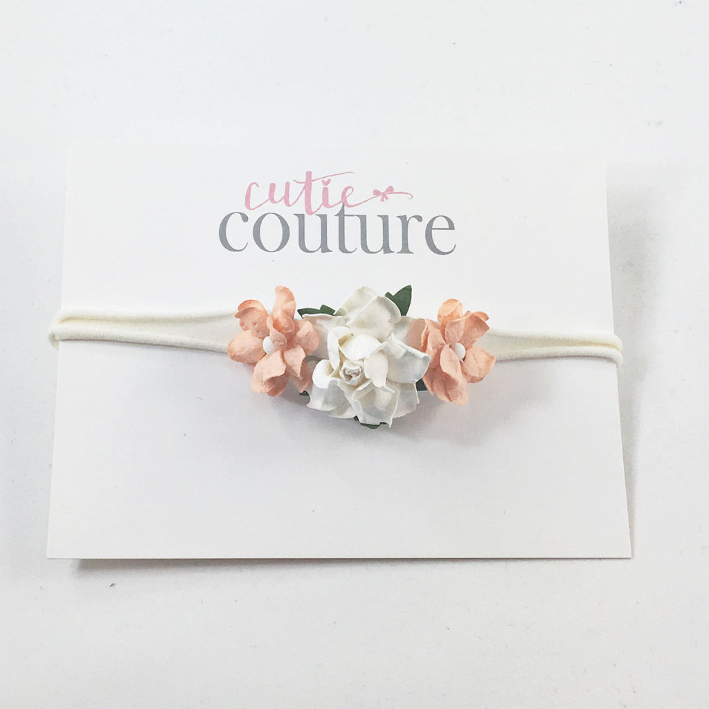 Grace- Peach and cream flowers on cream nylon headband