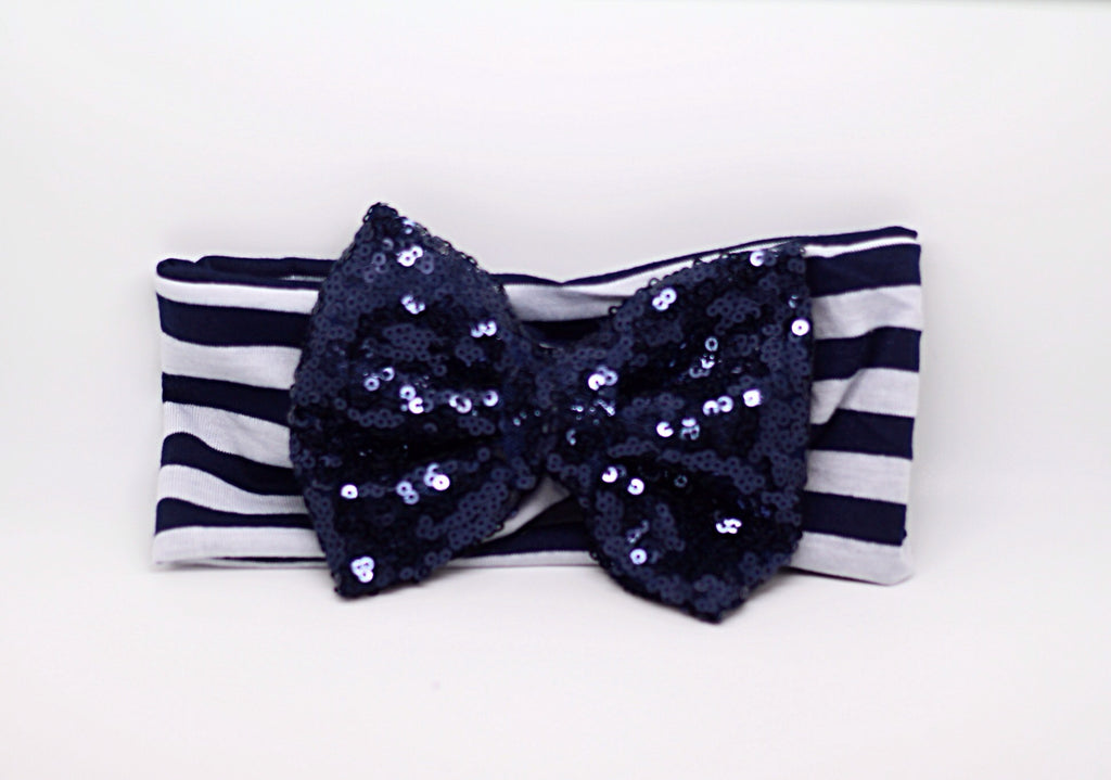 Sophia- Navy and White Striped Sequin Bow Headband