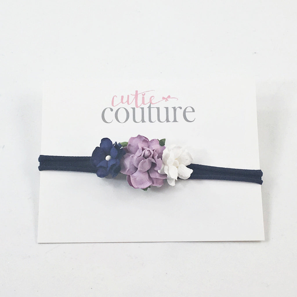 Grace- Navy, Purple and Lavender Flowers on White Nylon Headband