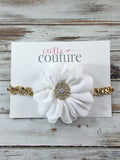Penelope- White Flower on Gold Sequin Headband