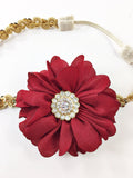 Luciana- deep red sparkle flower on gold sequin headband
