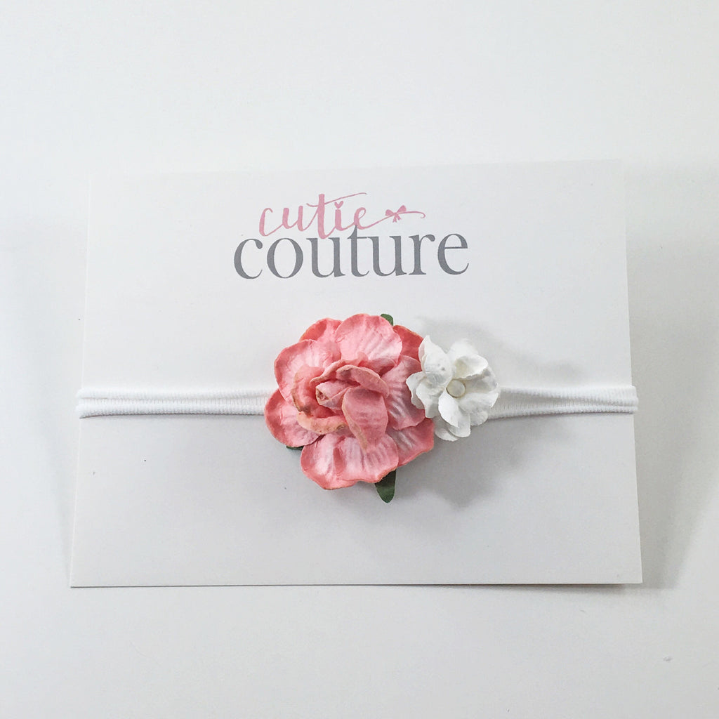 Juliette- Coral and white flowers on nylon Headband