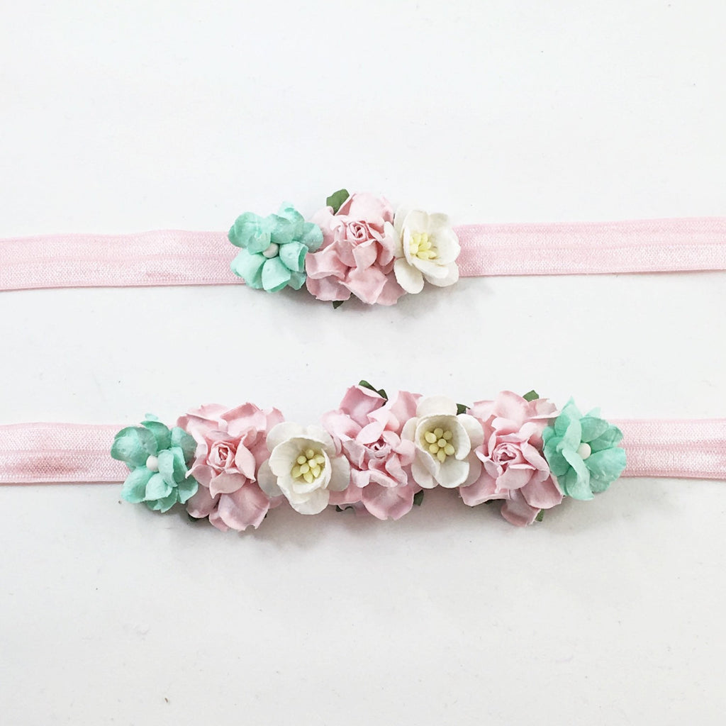 Mommy and Me- Pink, Cream, and Mint flowers on Pink Headband