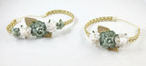 Mommy and Me- Sage and Cream Flowers on Gold Braided Headband