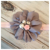 Penelope- Gray Headband with pearl and pink rose