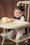 Penelope- Navy flower with pearl on a polka dot headband