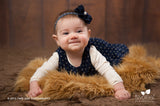 Penelope- Navy flower with pearl on a polka dot headband