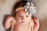Penelope- Gray Headband with pearl and pink rose