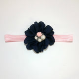 Penelope- Navy Headband with pearl and pink rose