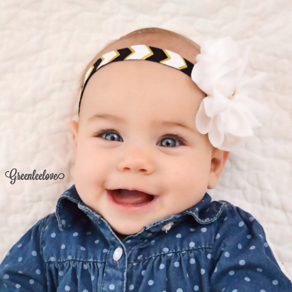 Penelope- White Headband on black and gold elastic