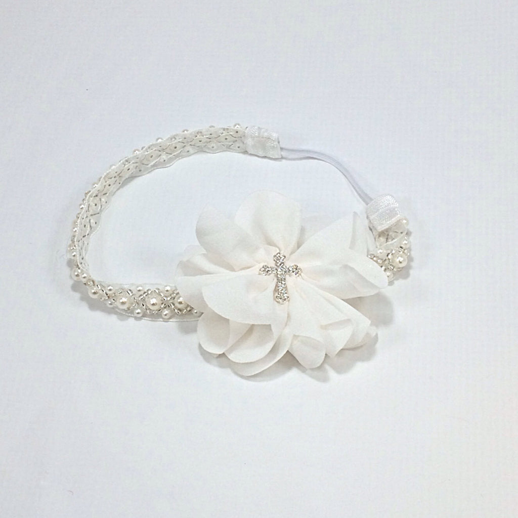 Penelope- White Flower with Cross on Pearl Headband