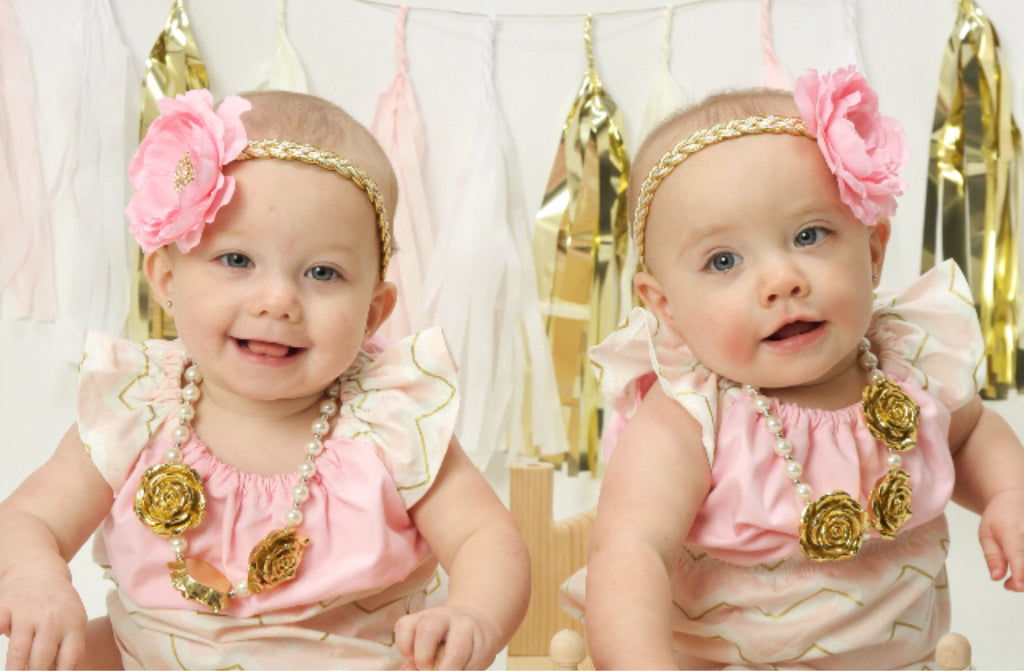 Samantha- Pink Flower on a gold braided headband