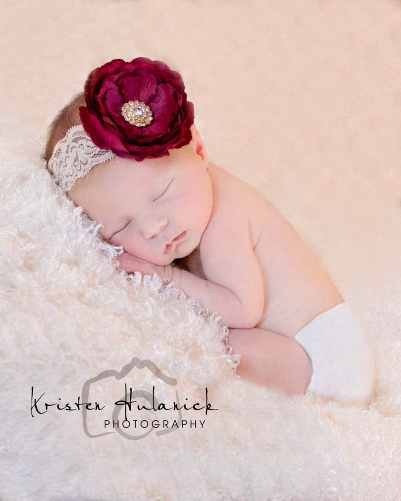Samantha- Cranberry Flower on a lace headband