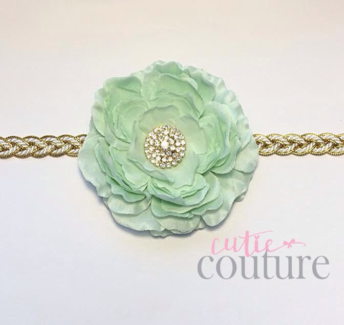 Samantha- Mint Flower on a gold braided headband