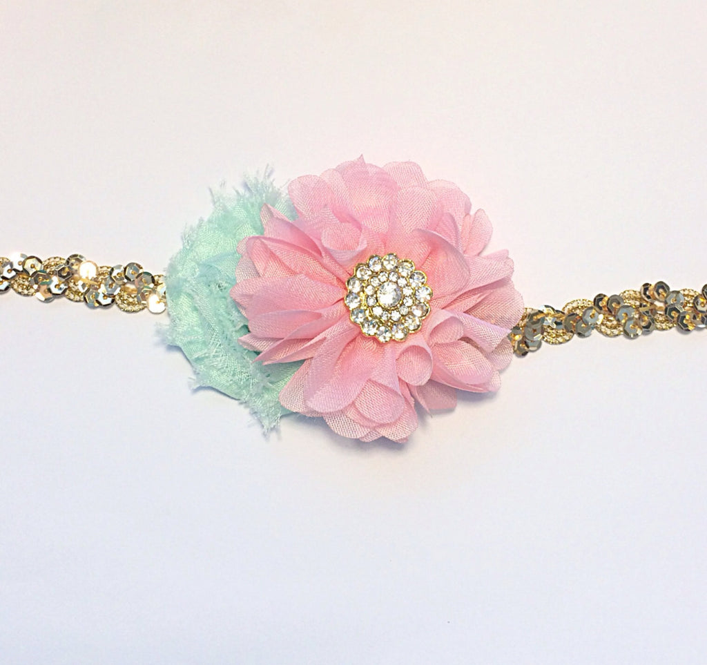 Gabriella- Pink and Mint on gold sequin headband