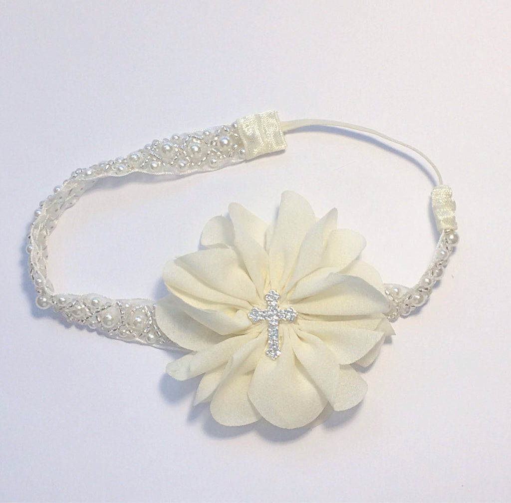 Penelope- Ivory Flower with cross on Pearl and Beaded Headband