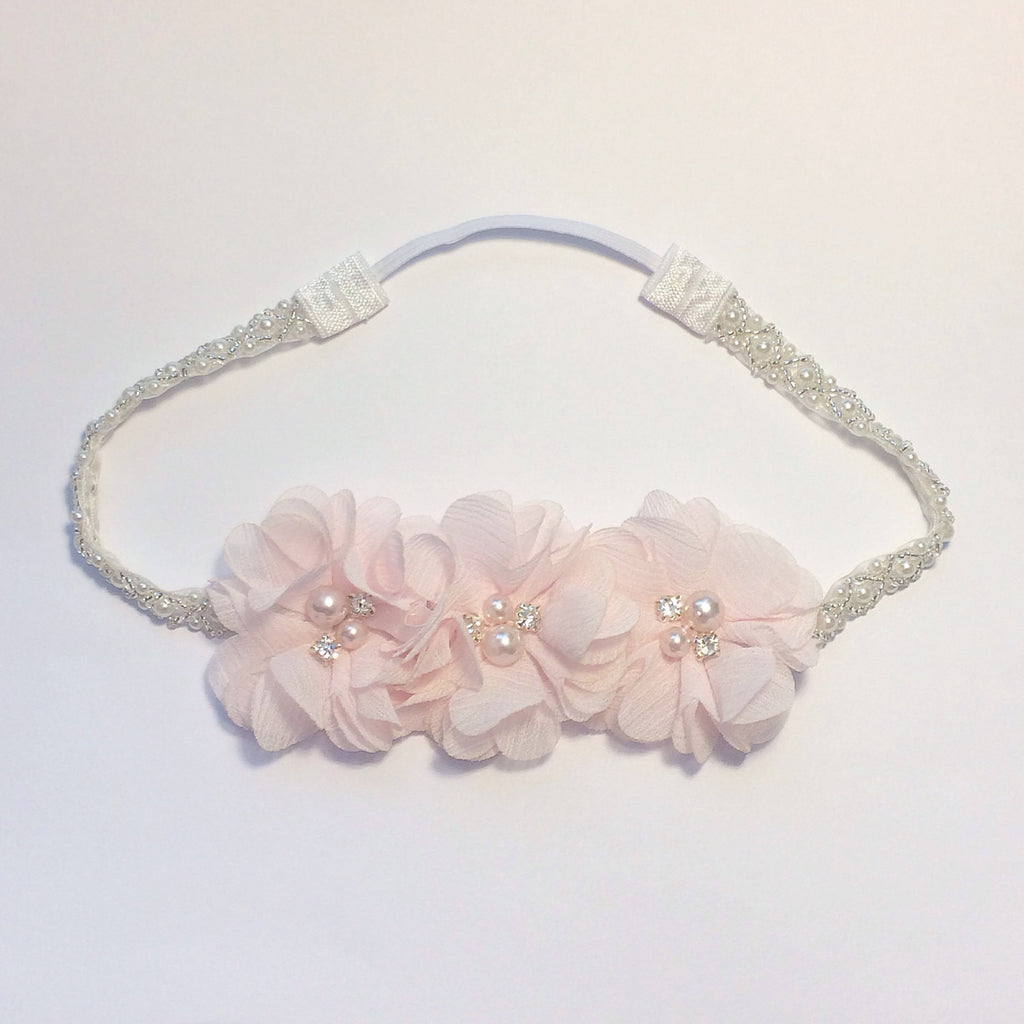 Carmella- Pink flowers on Pearl and Beaded Headband