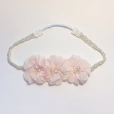Carmella- Pink flowers on Pearl and Beaded Headband