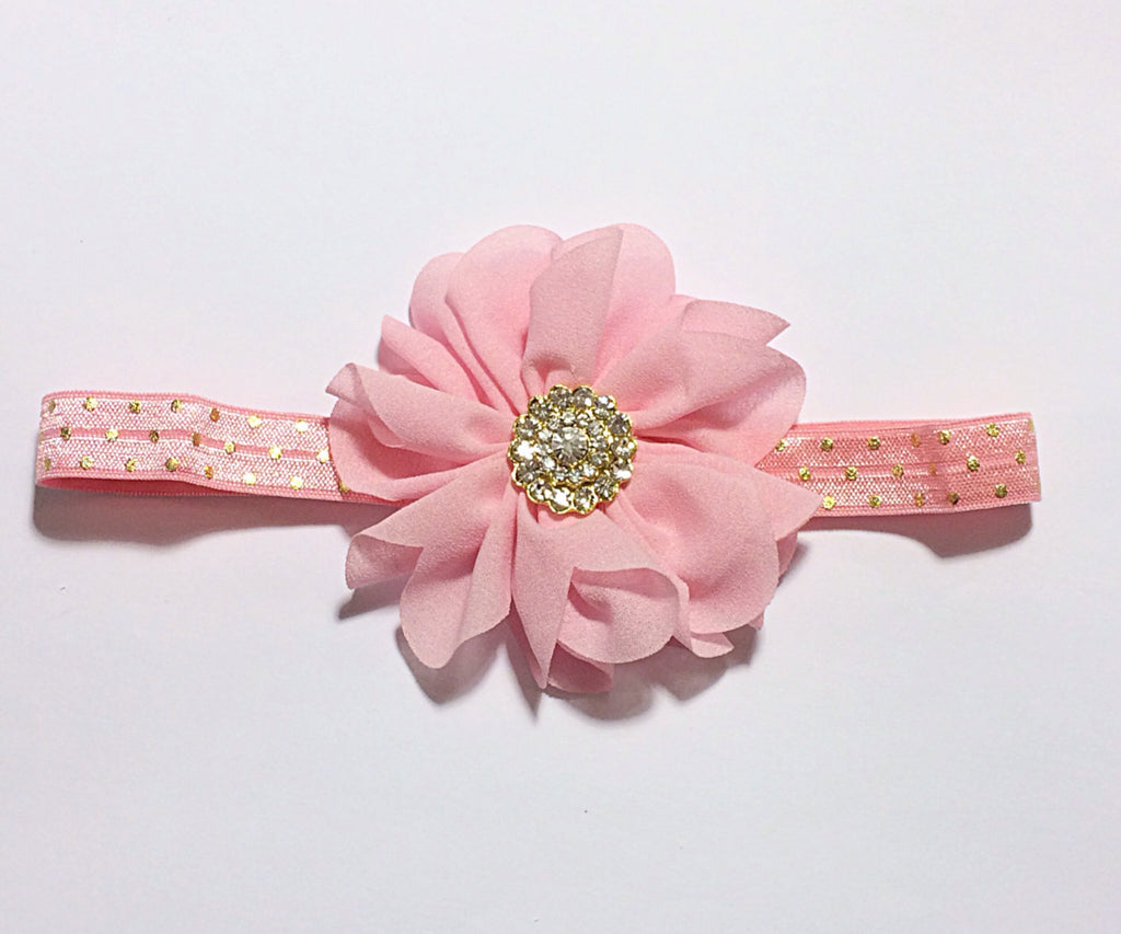 Penelope- Pink Flower on pink and gold polka dot headband