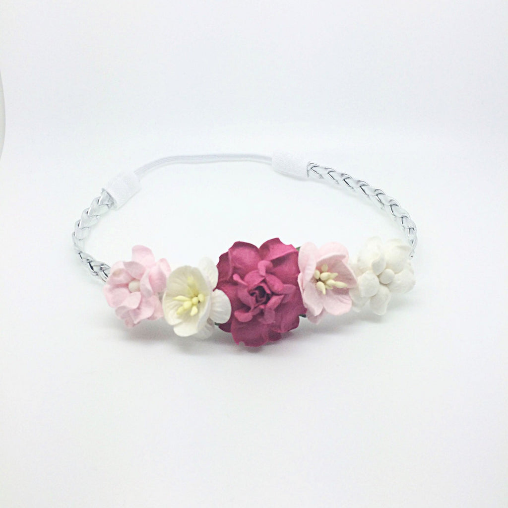 Valentina-  Hot Pink, ivory, and Pink Headband on Silver Braid
