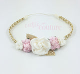 Valentina- Pink, Gold, and Cream Headband on Gold Braid