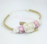 Valentina- Pink, Gold, and Cream Headband on Gold Braid