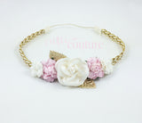 Valentina- Pink, Gold, and Cream Headband on Gold Braid