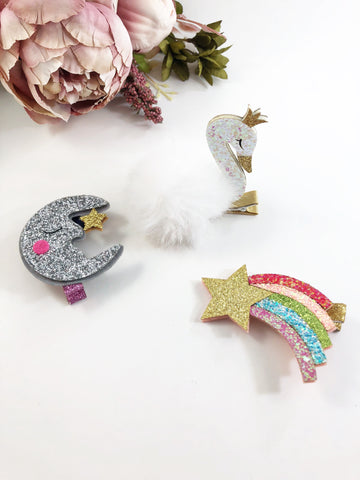 Glitter Clips- Moon, Rainbow, Swan