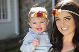 Mommy and Me- Cranberry, Orange and Cream Flowers on Gold Braided Headband