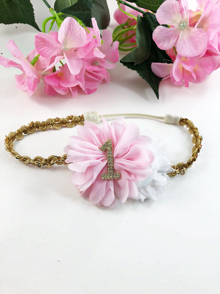1st Birthday Headband- Pink,  White and Gold Headband