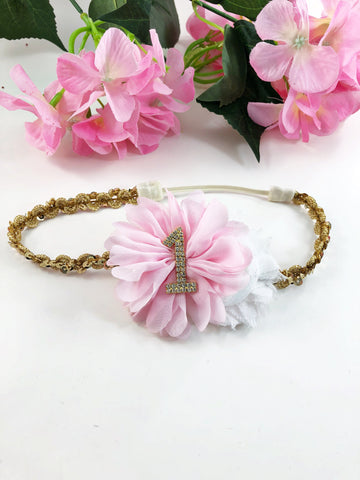 1st Birthday Headband- Pink,  White and Gold Headband