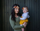 Mommy and Me- Cranberry, Orange and Cream Flowers on Gold Braided Headband