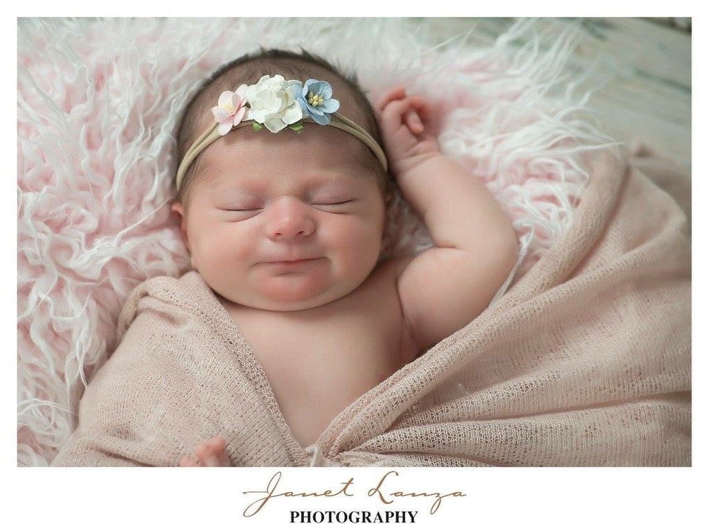 Grace- Pink, Cream and Blue flowers on a nude nylon headband