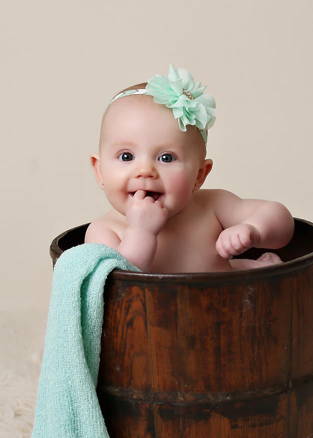Lyla- Mint Flower on a gold, mint and white chevron headband