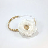 Samantha- White Flower on Gold Sequin Headband