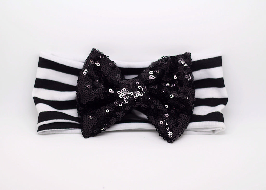 Sophia- Black and White Striped Sequin Bow Headband