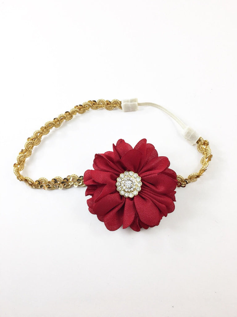 Luciana- deep red sparkle flower on gold sequin headband