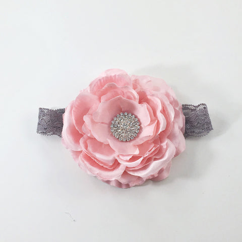 Samantha- Pink Flower on Gray Lace Headband