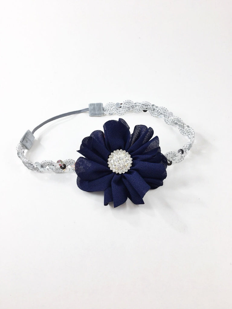 Penelope- Navy flower on silver sequin headband