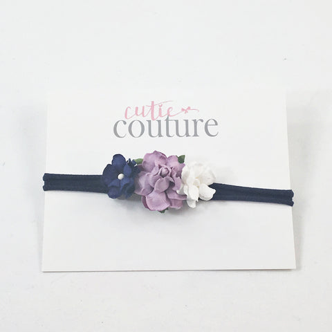 Grace- Navy, Purple and Lavender Flowers on White Nylon Headband