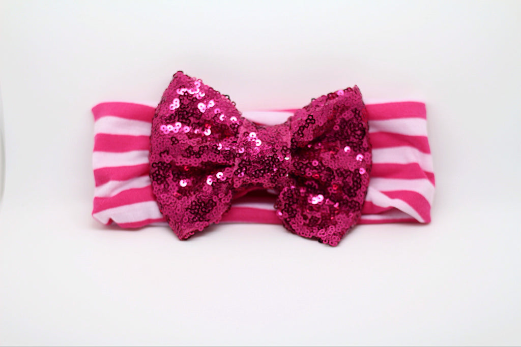 Sophia- Hot Pink and White Striped Sequin Headband