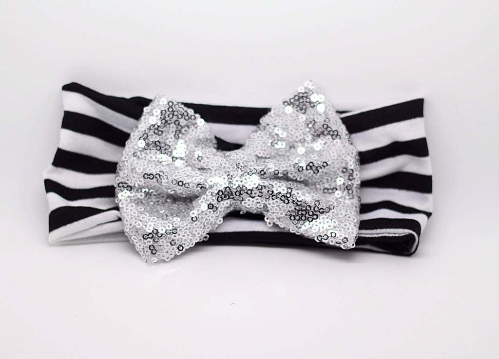Sophia- Black and White Striped with Silver Sequin Bow