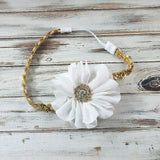Penelope- White Flower on Gold Sequin Headband