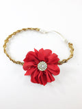 Penelope- red flower on gold sequin headband