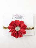 Penelope- red flower on gold sequin headband