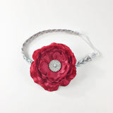 Samantha- Red Flower on silver braided headband