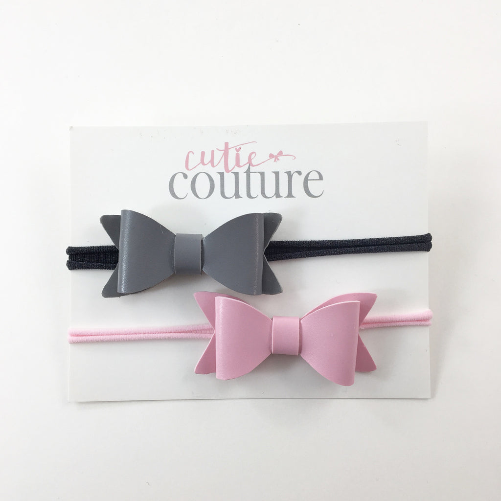Leather Bow Headband Set - Pink and Gray