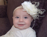 Lacey- Ivory Flower with Or without feather on a Pearl and Beaded Headband