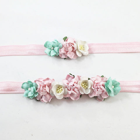 Mommy and Me- Pink, Cream, and Mint flowers on Pink Headband