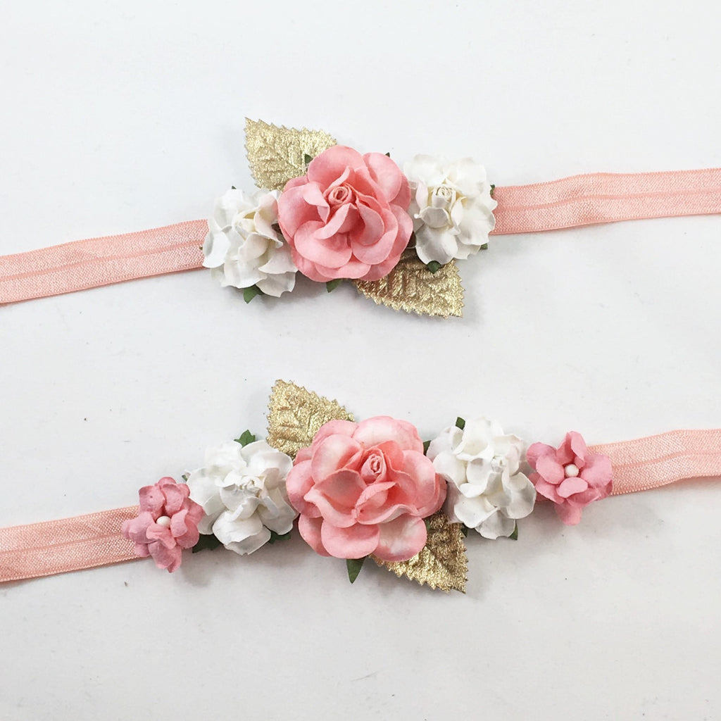 Mommy and Me- Coral and Cream Headband With Gold Leaves